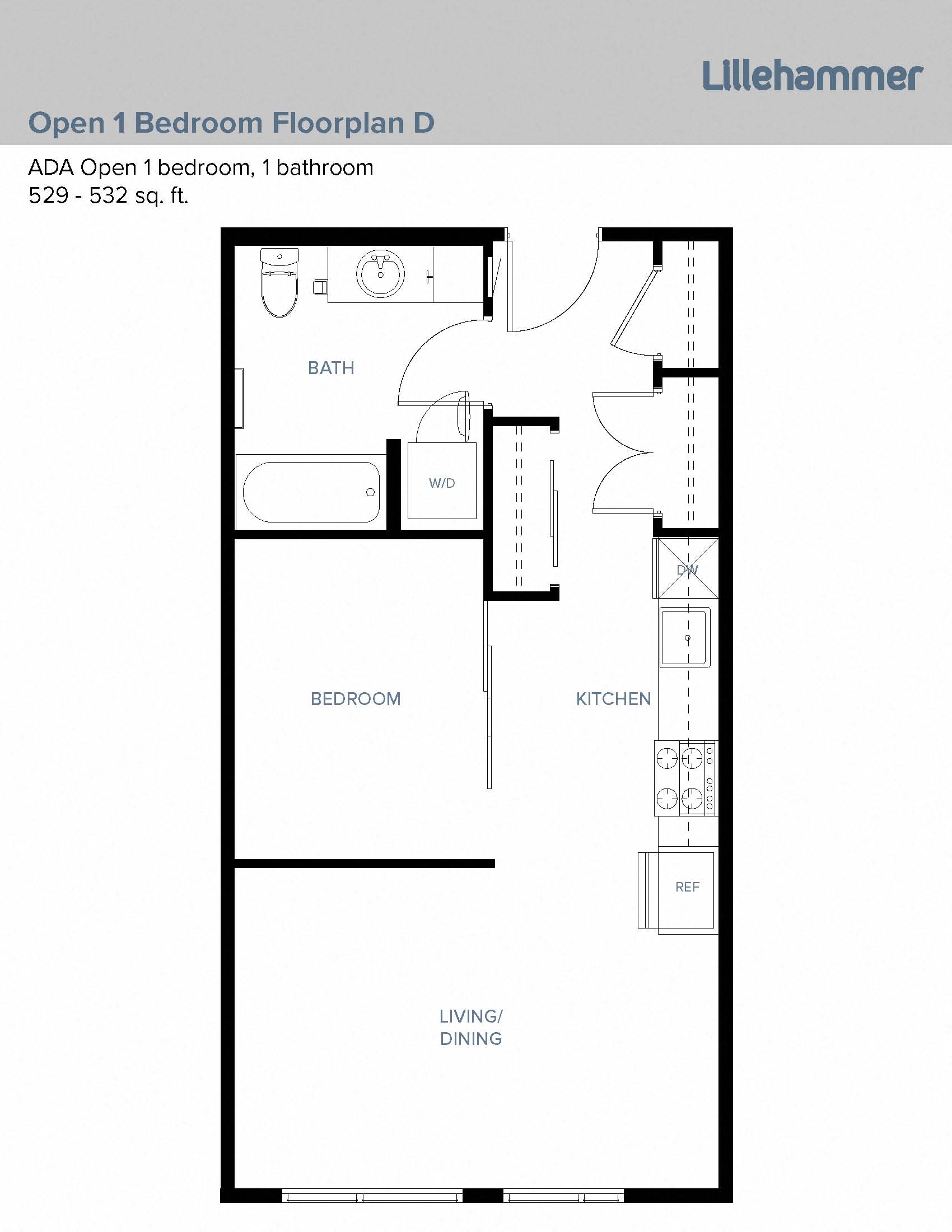 Floor plan for 1 bed, 1 bath, 529 sqft